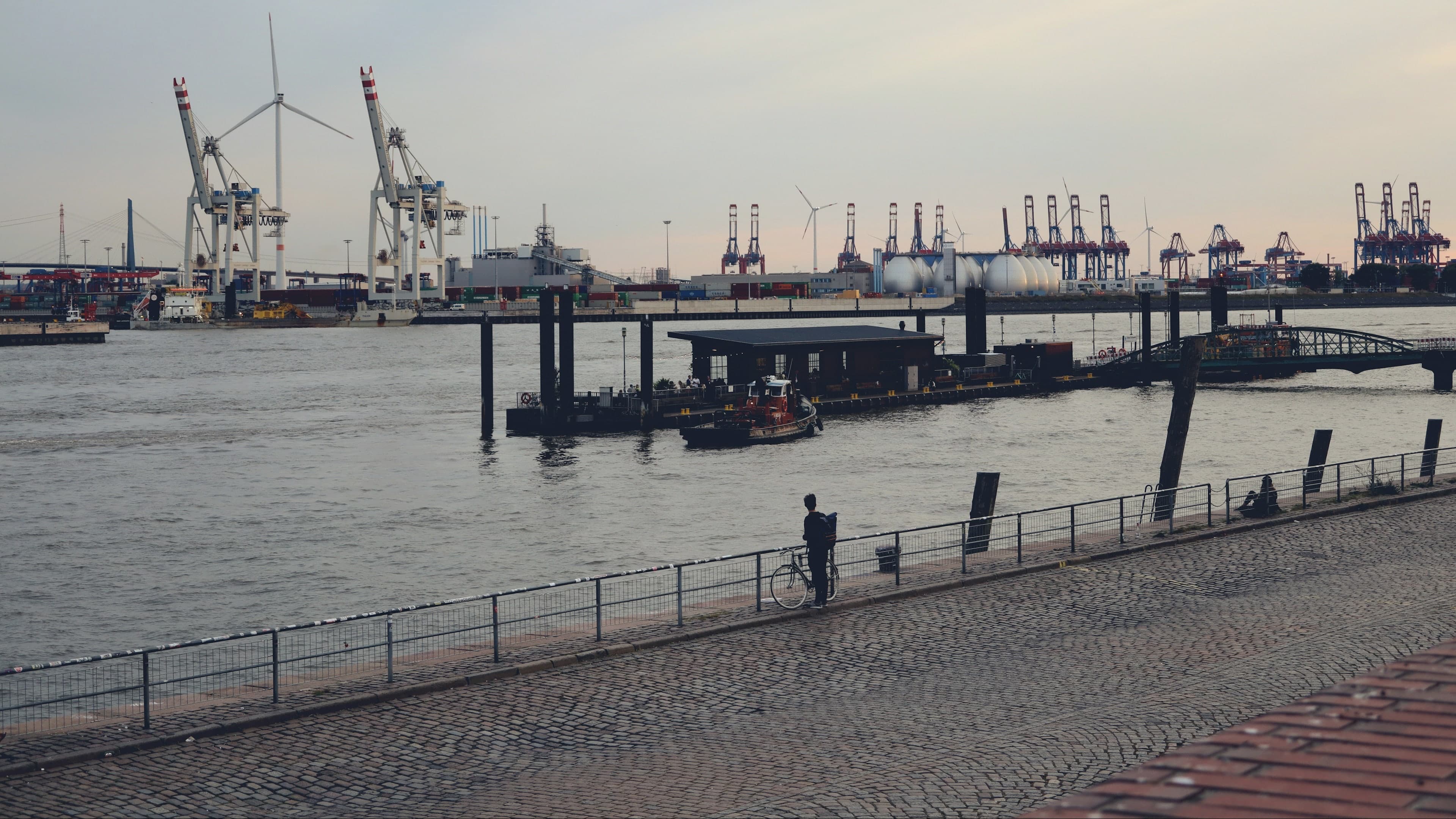 Hamburger Hafen am Abend von der Uferpromenade gesehen, Containerkräne und Windräder, ein Radfahrer steht am Geländer
